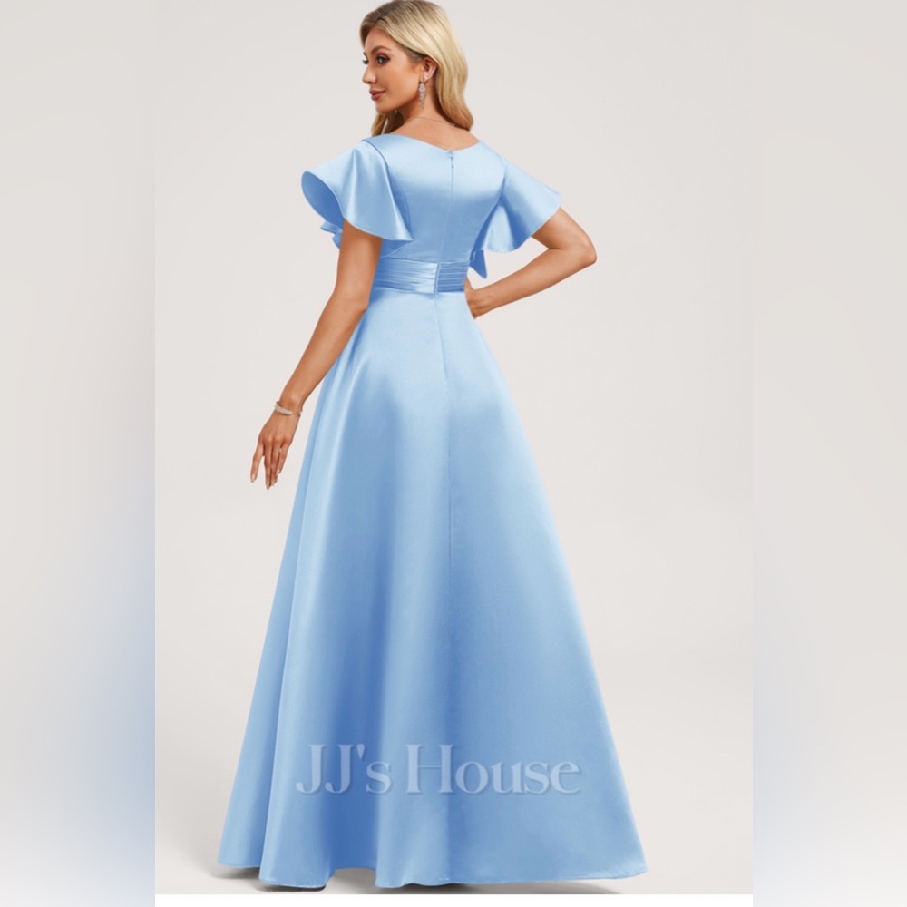 JJs House Satin Light Blue V-Neck Flutter Sleeve A-Line Gown - Picture 2 of 6